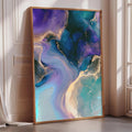 a large abstract painting with vibrant colors and swirling patterns, displayed in a gold frame on a white wall.