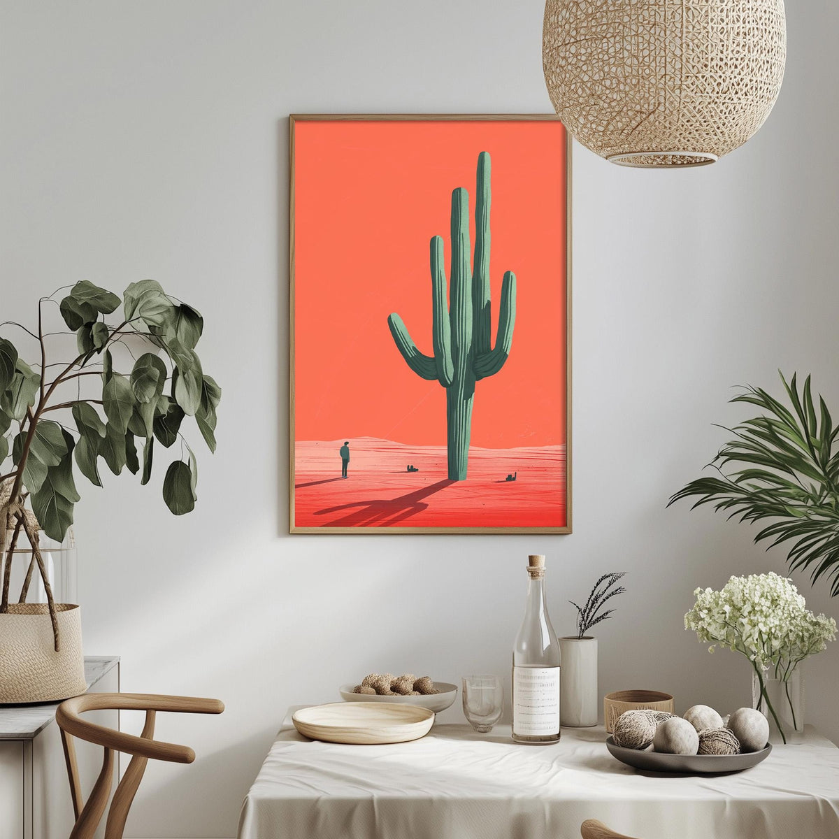 a dining table with a white tablecloth, a bottle, a bowl, and a vase with flowers. Above the table, there is a framed picture of a cactus on an orange background.