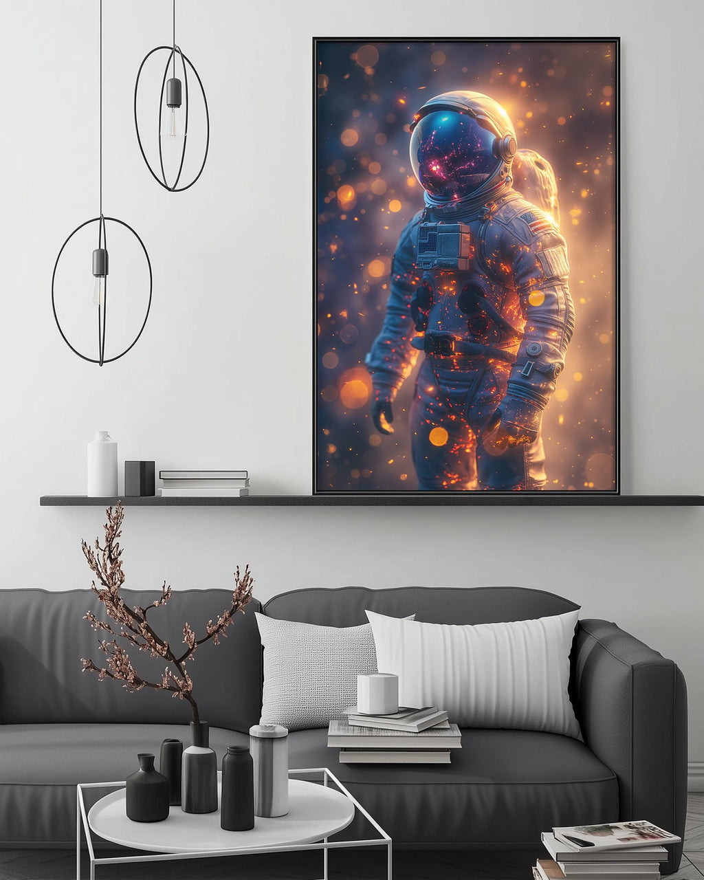a large, colorful painting of an astronaut in a spacesuit, hanging on a wall above a gray couch in a living room setting.