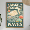 a framed poster with a swan and flowers, hanging on a wall above a dining table with various decorative items and plants.