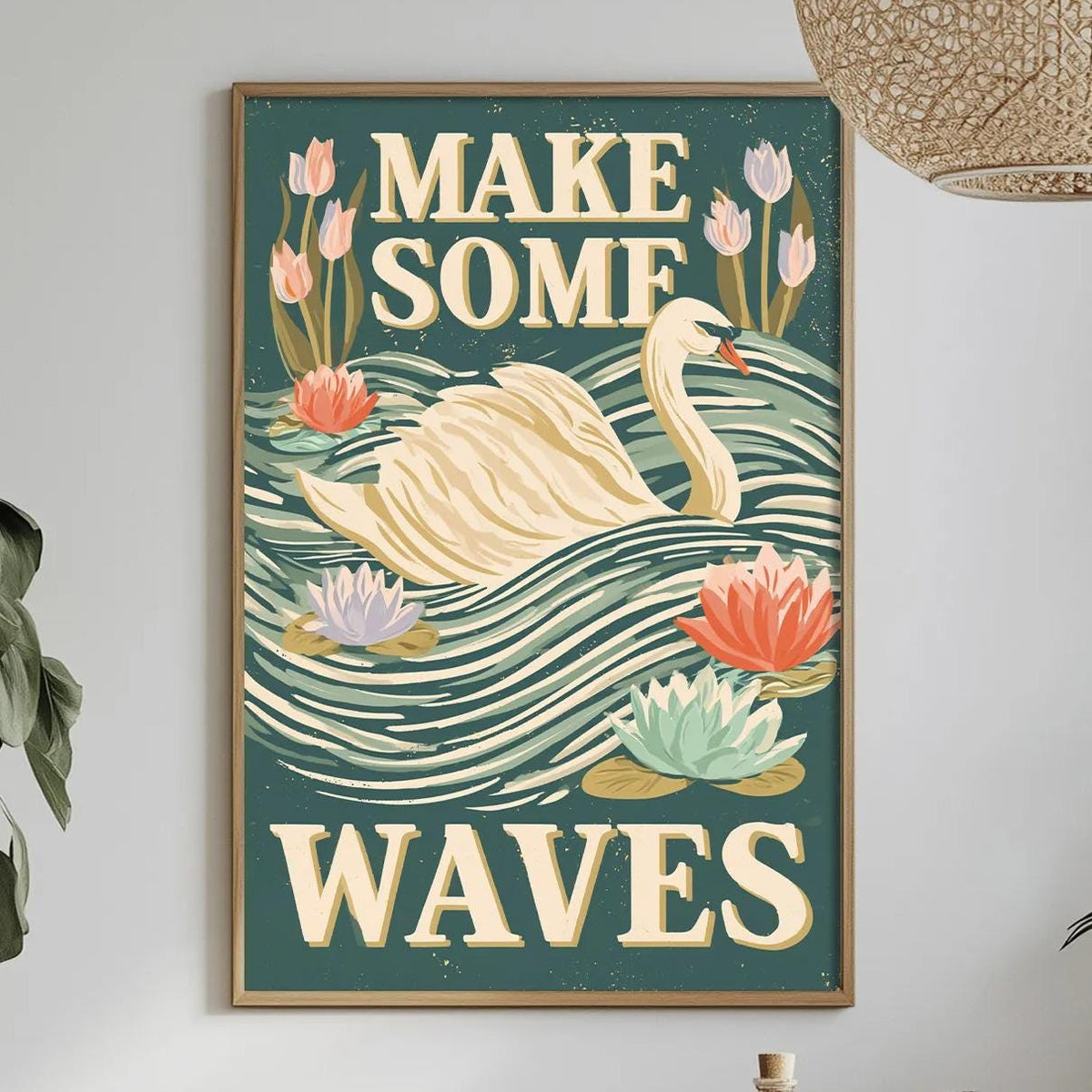 a framed poster with a swan and flowers, hanging on a wall above a dining table with various decorative items and plants.