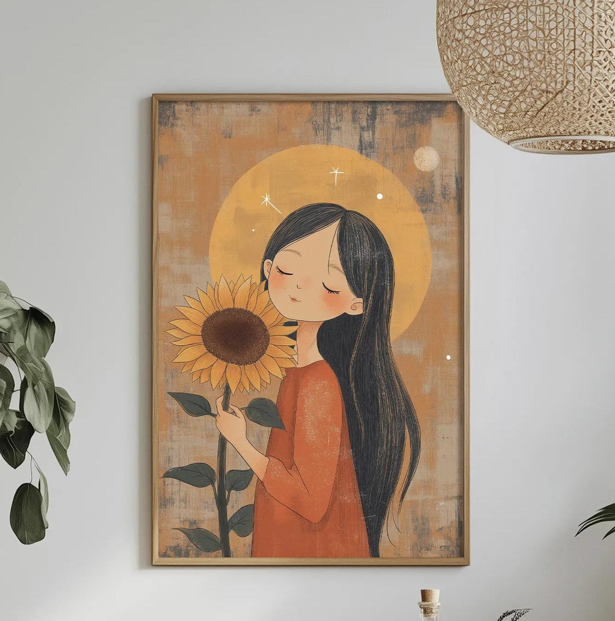 a framed illustration of a woman holding a sunflower, hanging on a wall above a dining table with various decorative items and plants.