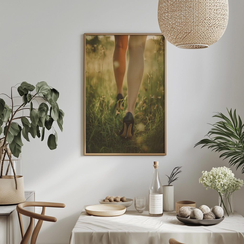 a dining table with a white tablecloth, a bowl of fruit, a bottle, and a vase with flowers. Above the table, there is a framed picture of a woman's legs in a field, and a hanging light fixture is visible in the background.