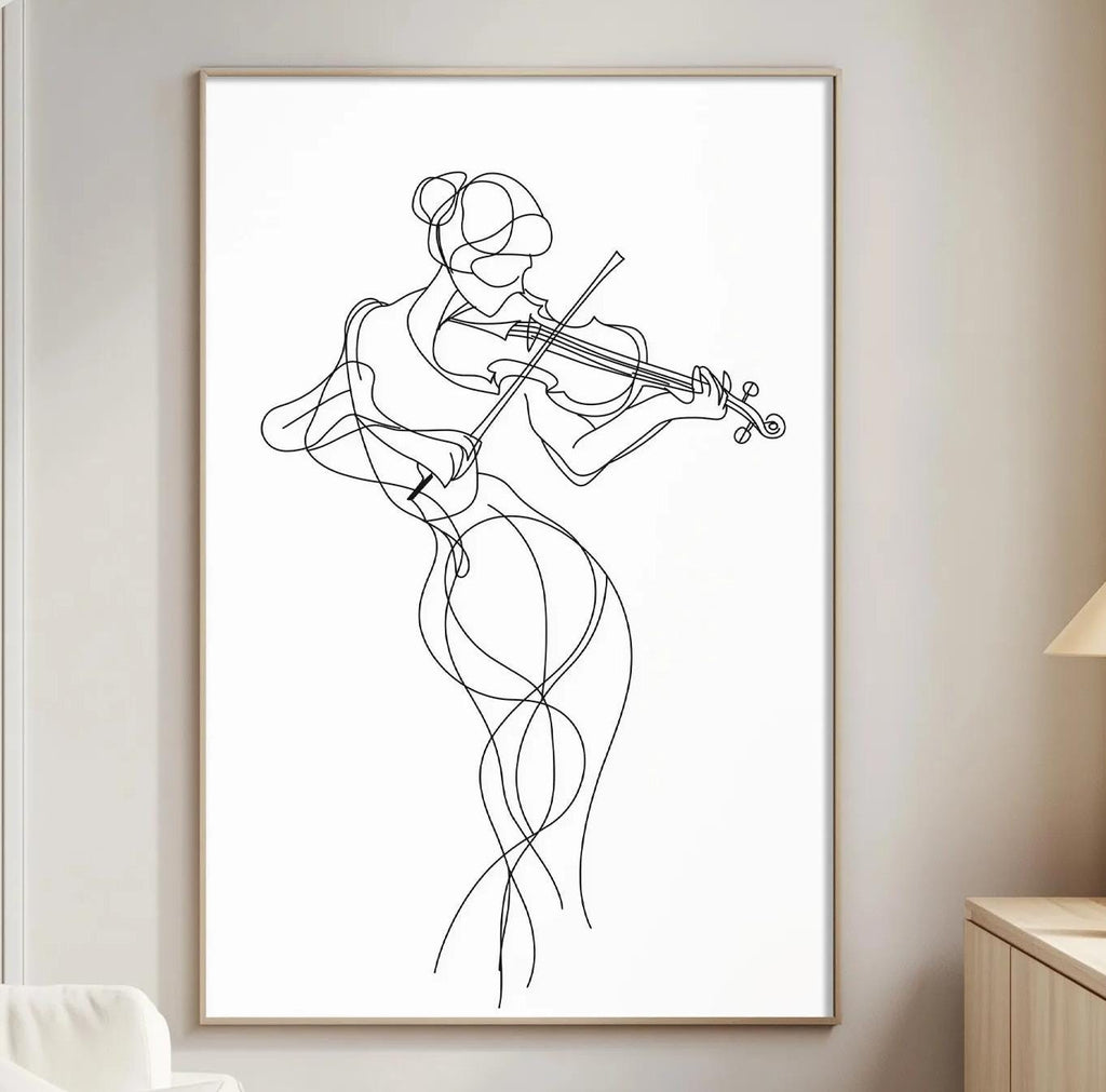 a living room with a white sofa, a wooden side table, and a framed drawing of a woman playing a violin.