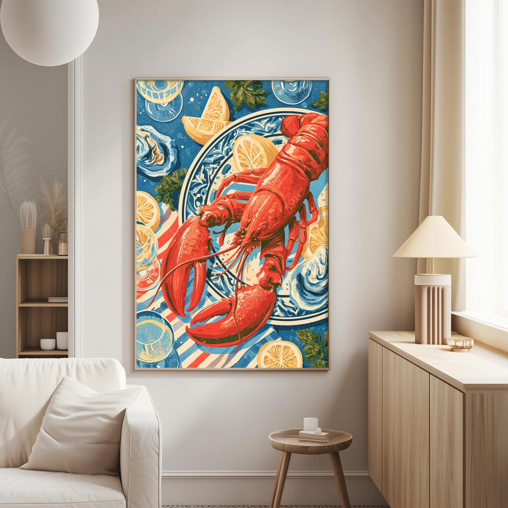 a large painting of a lobster on a blue and white plate, surrounded by various seafood items such as oranges and lemons, all set against a white wall.