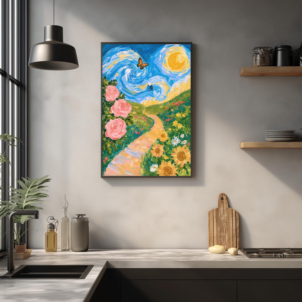 a vibrant painting of a garden scene with a winding path, flowers, and butterflies, hanging on a wall above a kitchen counter.