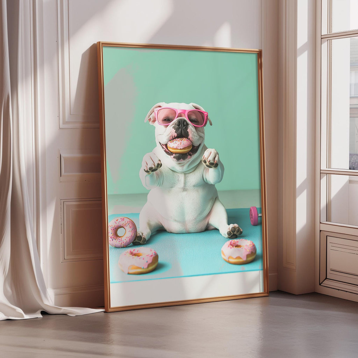 A framed image of a white bulldog wearing pink sunglasses and holding a donut, with two more donuts on a blue surface.