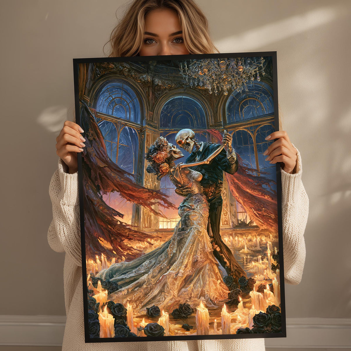A woman holds up a framed painting depicting a surreal, fantastical scene with a skeleton and a woman in an ornate, golden dress.