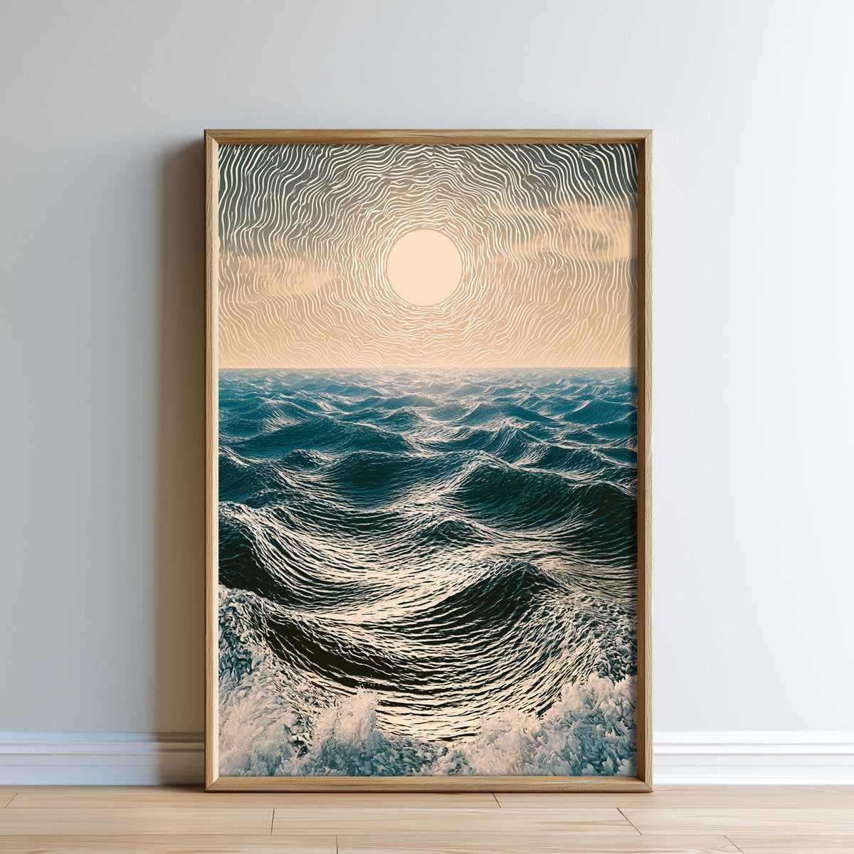 The image is a framed print depicting a serene ocean scene with waves crashing against the shore.