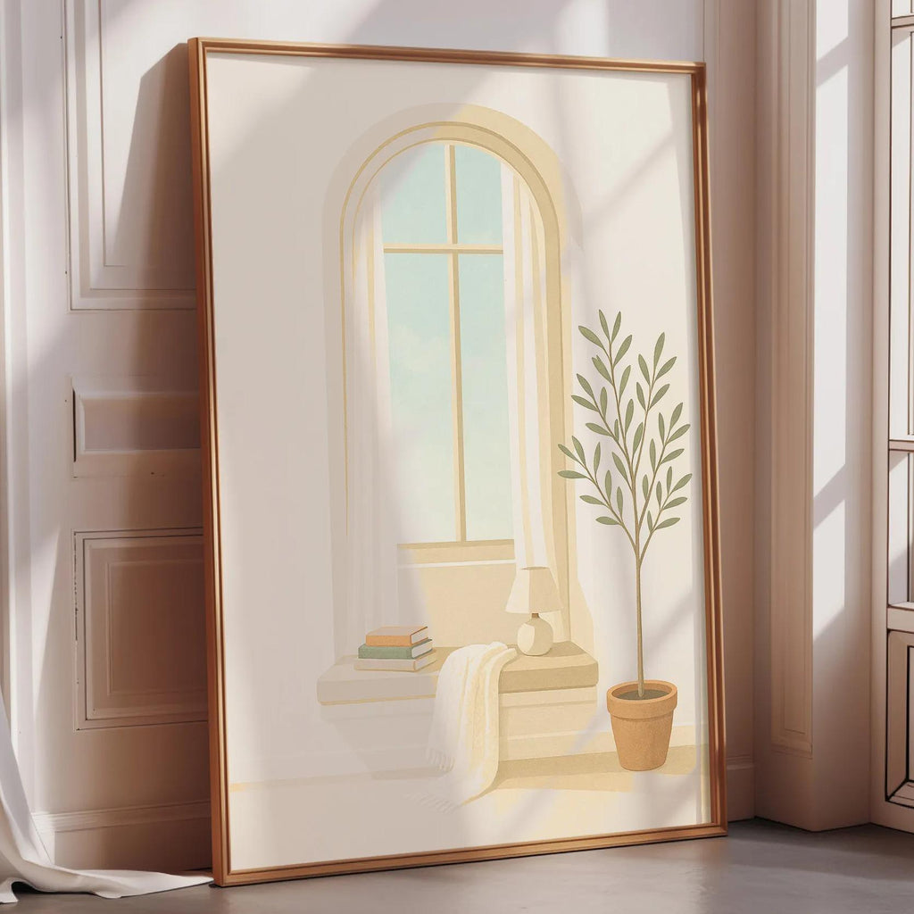 A framed illustration of a window with a plant on a windowsill, set against a white wall.