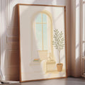 A framed illustration of a window with a plant on a windowsill, set against a white wall.