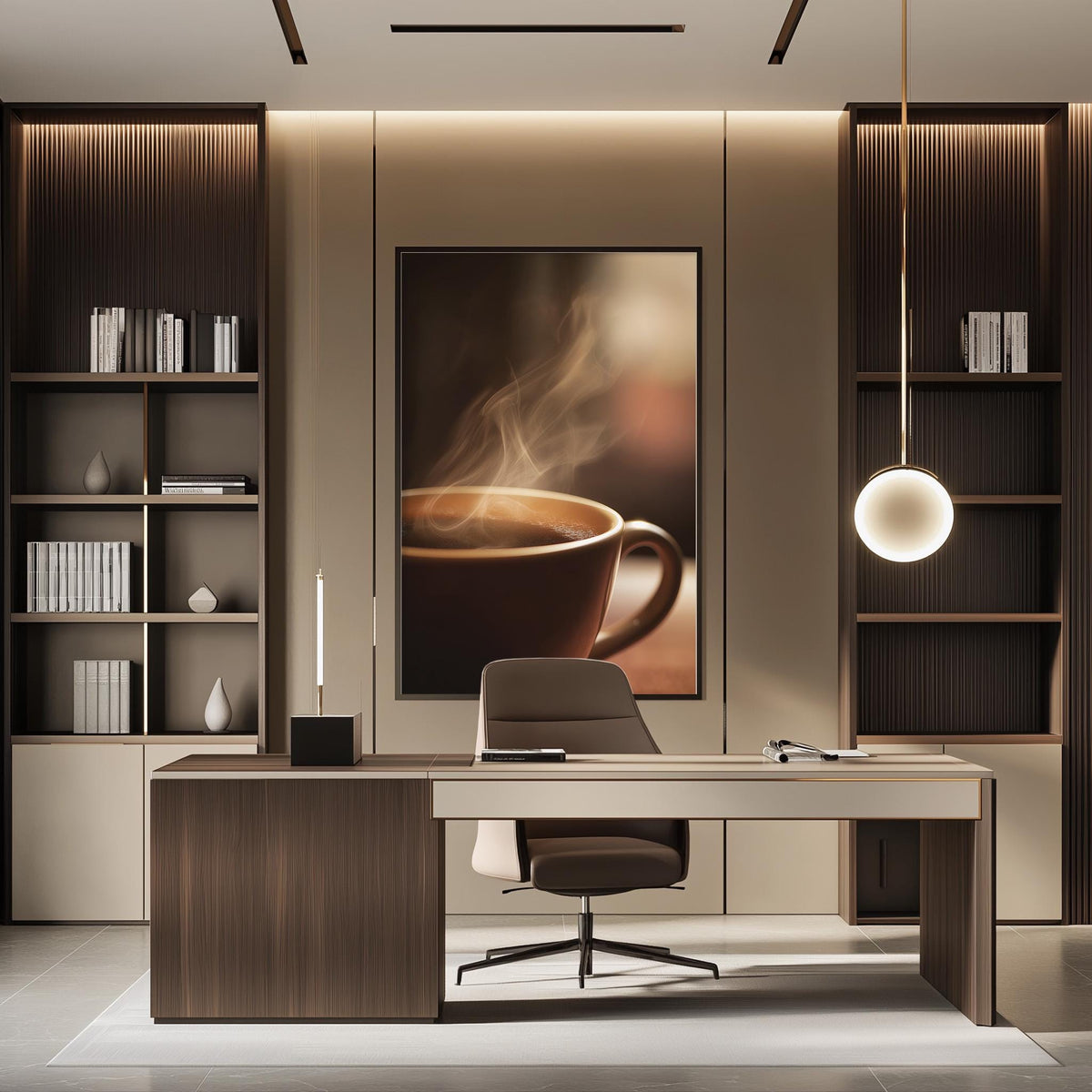 a modern and stylish office space with a large coffee cup on the desk, a comfortable chair, and a bookshelf filled with books.