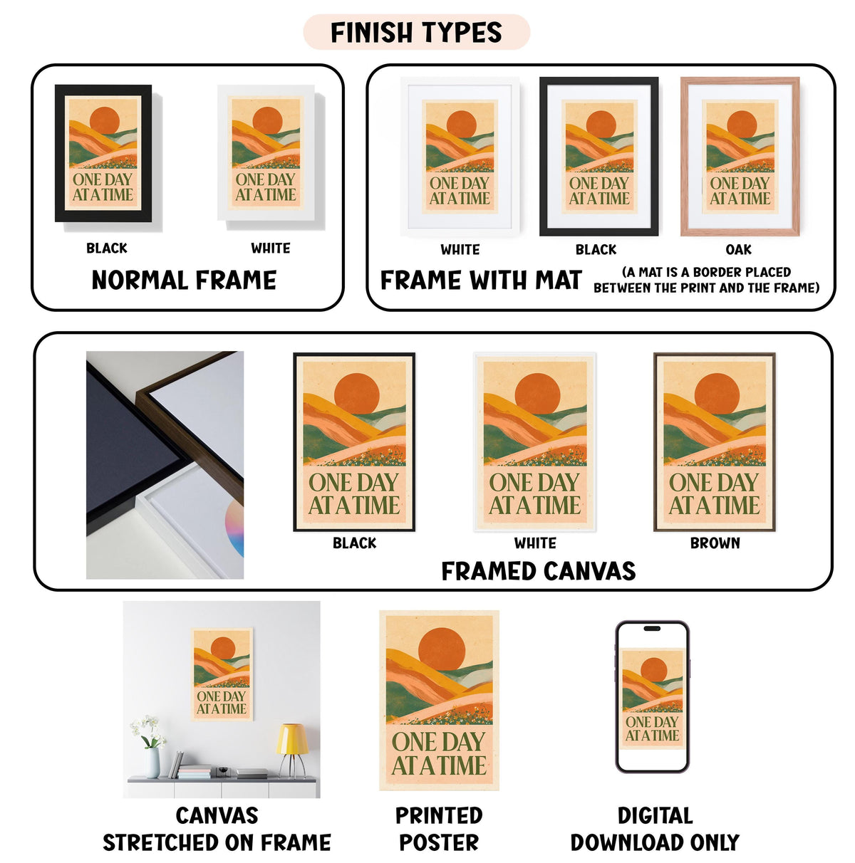 various framed artworks and prints, including a poster and a canvas, with different finishes and frame types.