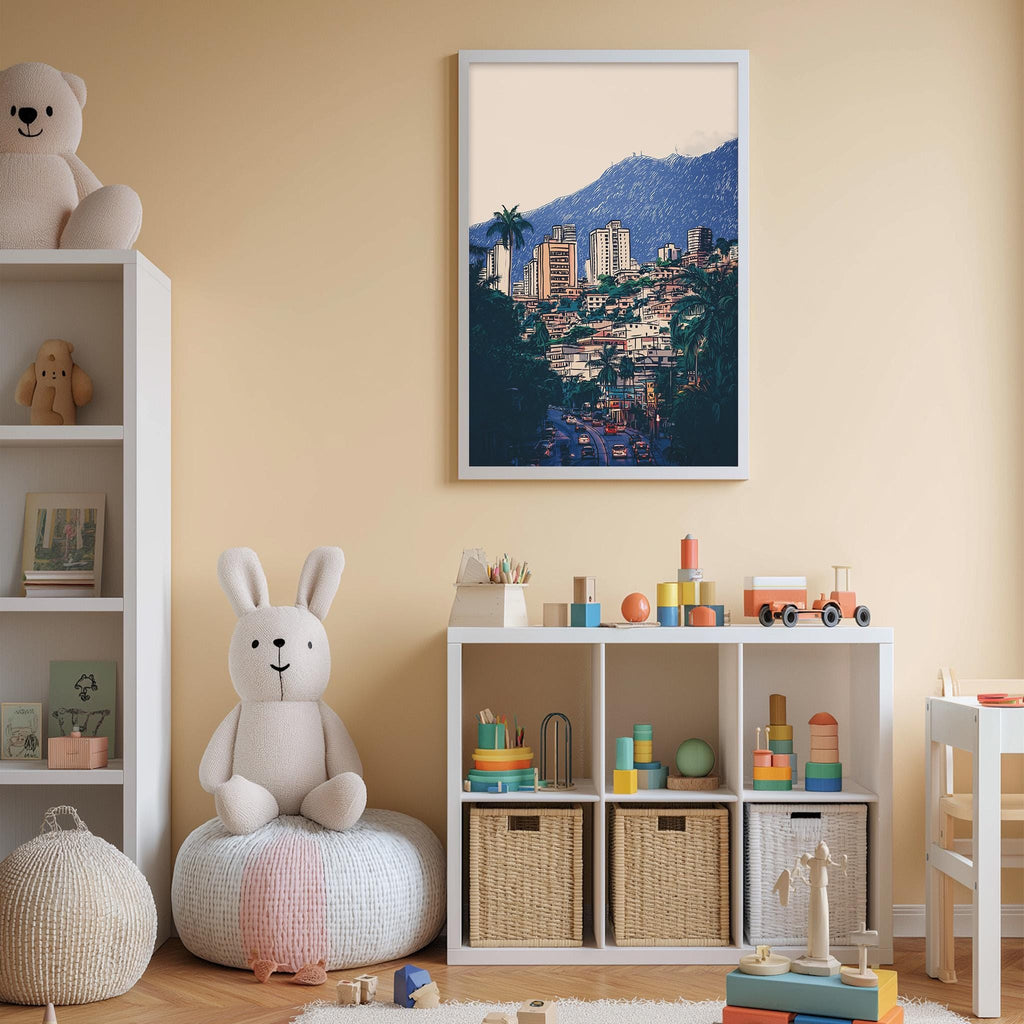 A cozy children's room with a large stuffed bunny, a bookshelf, and a toy storage unit filled with toys. A framed picture of a cityscape is displayed on the wall above the storage unit.