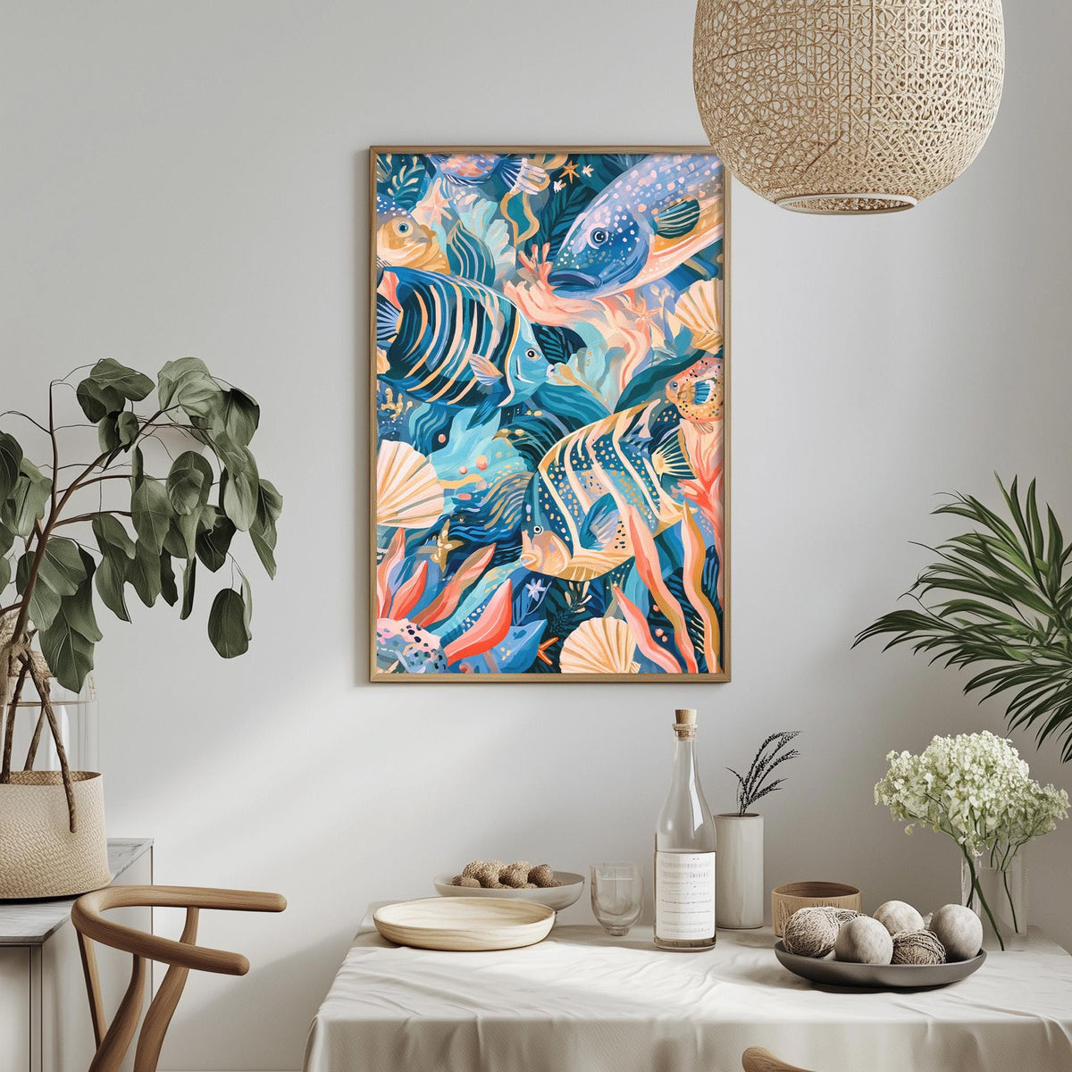 a vibrant and colorful painting of underwater life, including fish, coral, and other marine elements, hanging on a wall above a dining table. The table is set with various items, including a bottle, a bowl, and a vase, creating a cozy and inviting atmosphere.