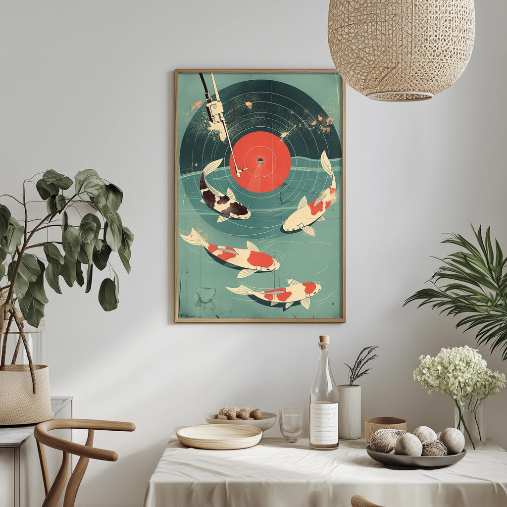 a dining table with a white tablecloth, a bowl of fruit, a bottle, and a vase with flowers. Above the table, there is a framed illustration of koi fish swimming in a pond with a red target in the center.