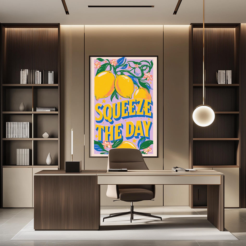 a modern office space with a large framed poster on the wall that says "SQUEEZE THE DAY". The office has a wooden desk, a chair, and a bookshelf filled with books. The overall design and decor create a professional and stylish atmosphere.