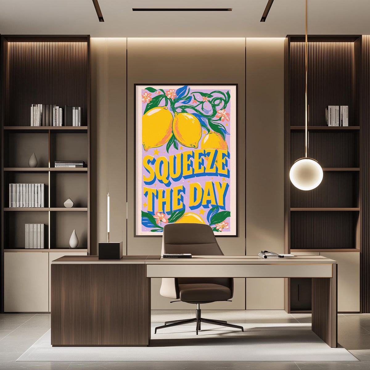 a modern office space with a large framed poster on the wall that says "SQUEEZE THE DAY". The office has a wooden desk, a chair, and a bookshelf filled with books. The overall design and decor create a professional and stylish atmosphere.