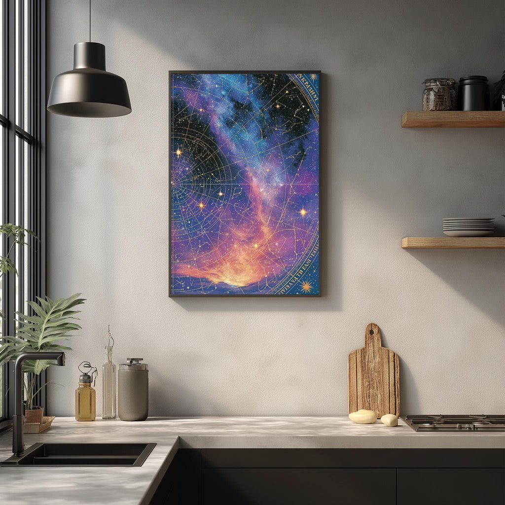a kitchen counter with various kitchen items, including a cutting board, a sink, and a plant. Above the counter, there is a framed picture of a starry night sky with a map of the constellations.
