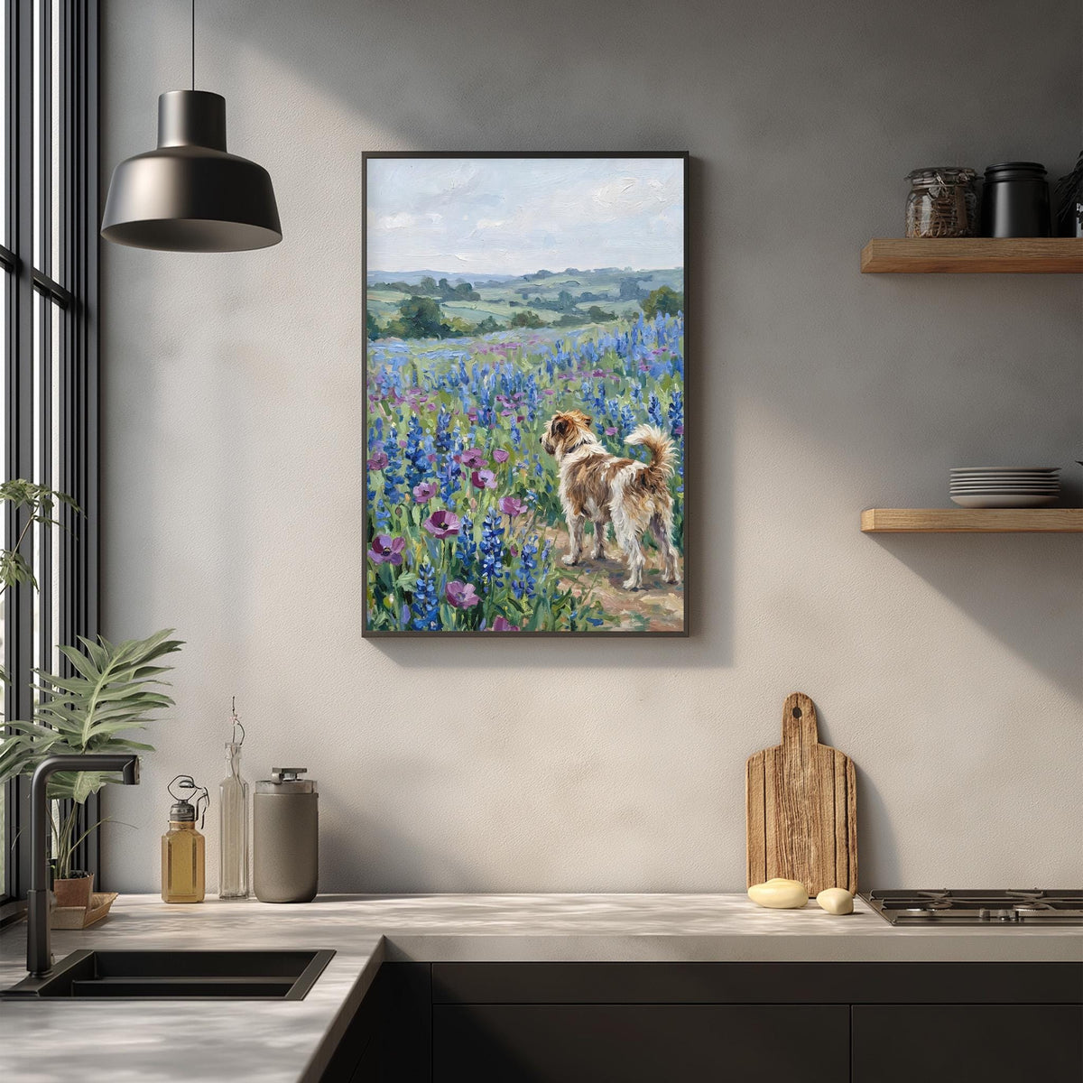 a framed painting of a dog standing in a field of flowers, with a serene landscape in the background.