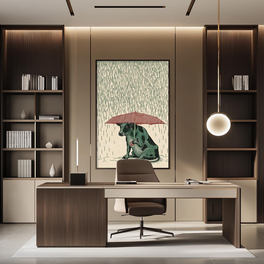 a modern office space with a large framed illustration of a cat sitting under an umbrella on the wall. The office features a wooden desk, a chair, and a bookshelf filled with books.