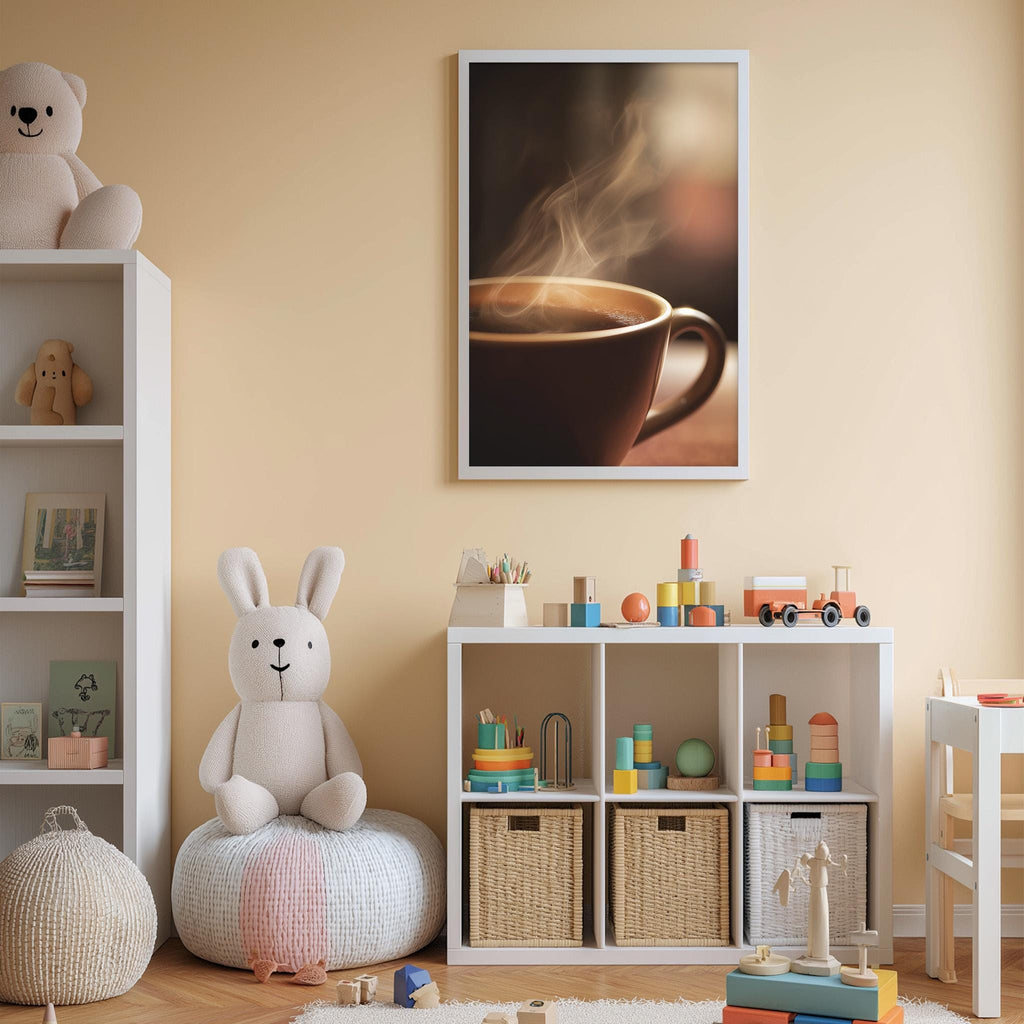 A cozy children's room with a white rabbit plush toy, a coffee mug, and a shelf filled with toys and storage bins.