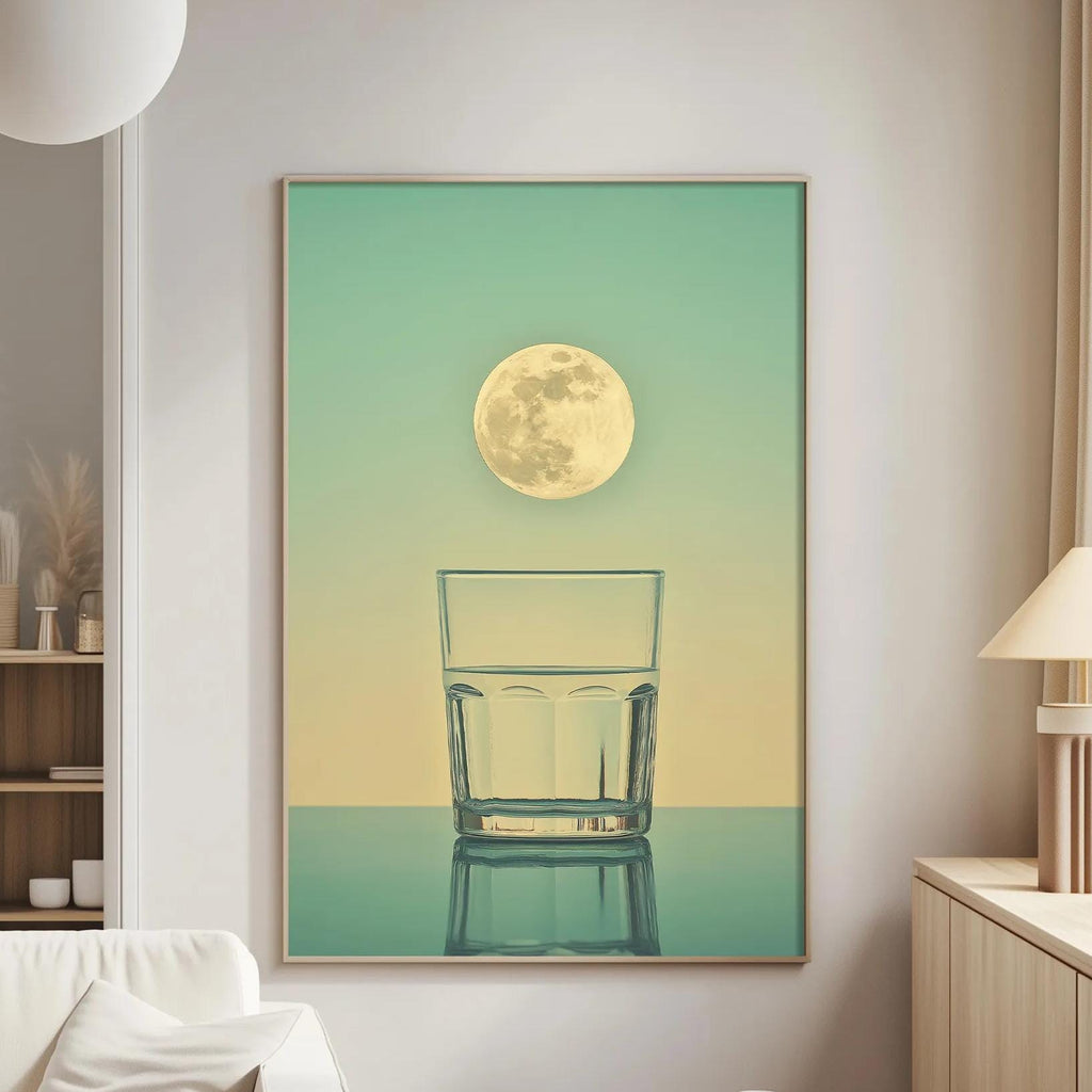 a glass of water with a full moon in the background, creating a serene and tranquil atmosphere in the living room.