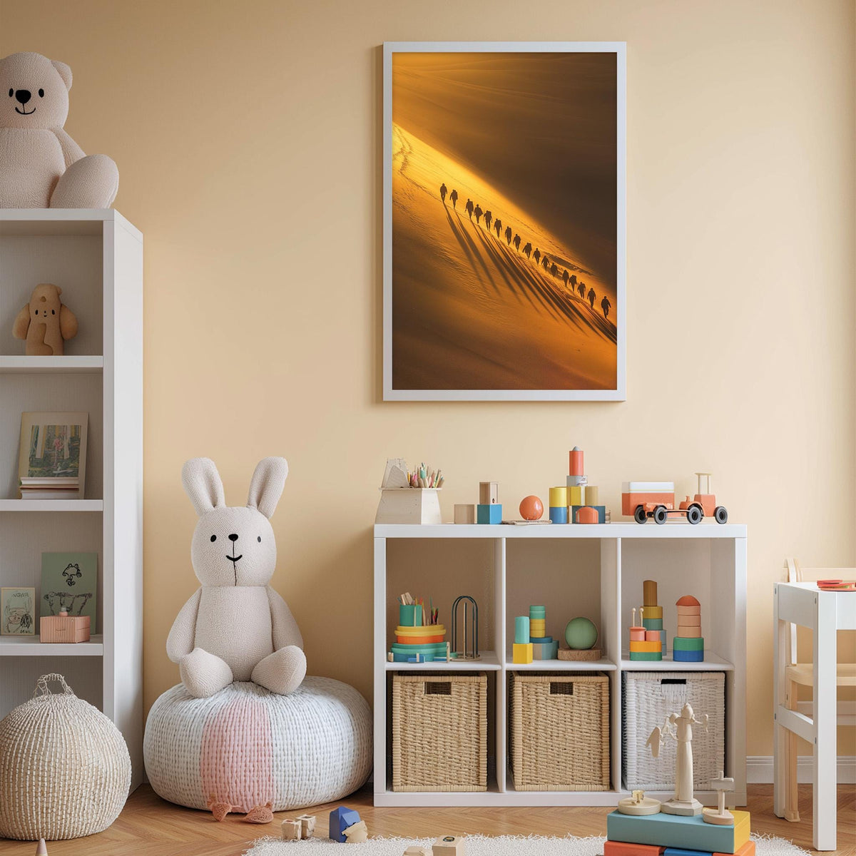 A cozy children's room with a white rabbit sitting on a bean bag chair, surrounded by shelves filled with toys and books, and a framed picture of a group of people on the wall.
