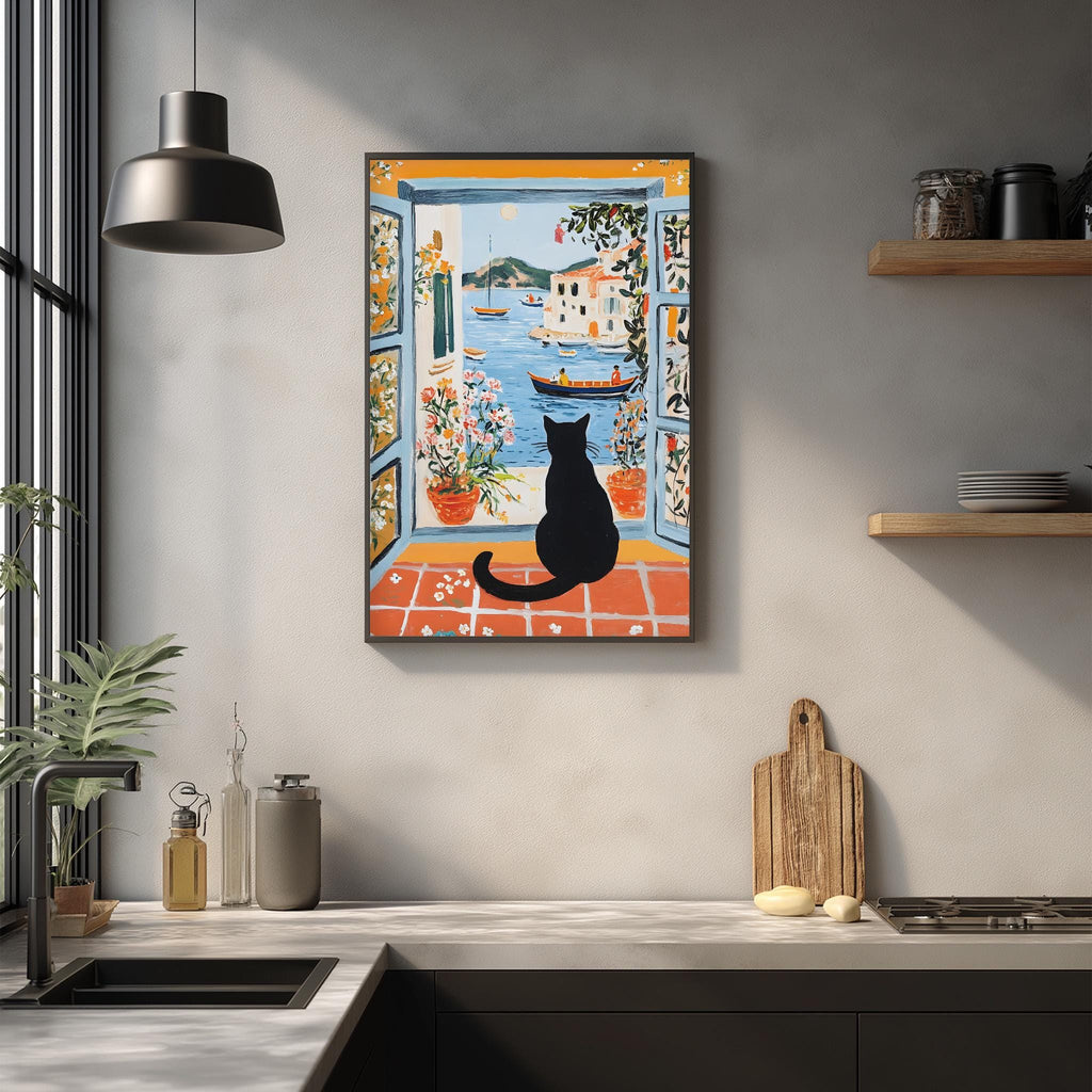 a black cat sitting on a windowsill, looking out at a scenic view of a harbor with boats and a lighthouse.