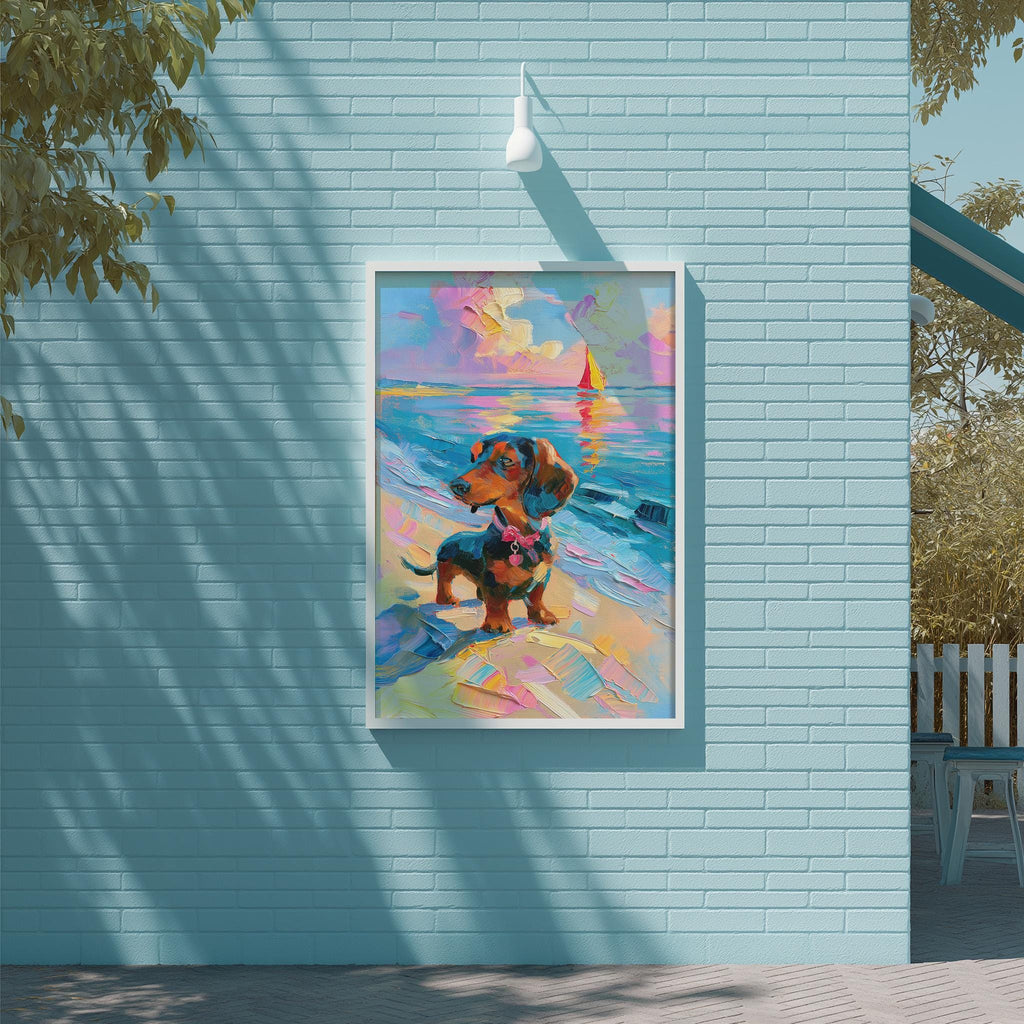 A framed painting of a dachshund dog is displayed on a blue brick wall, with a serene beach scene in the background.