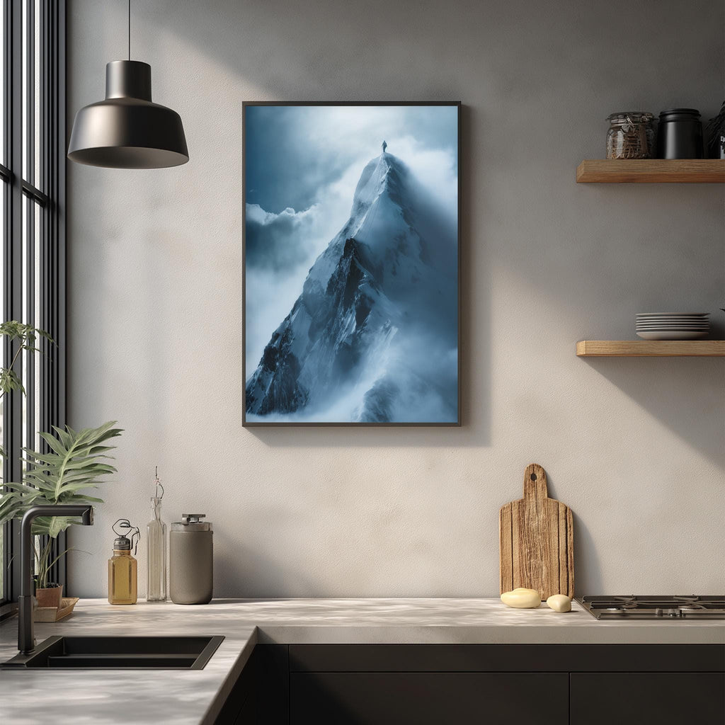 a kitchen counter with a framed picture of a mountain on the wall above it. The kitchen counter also has various kitchen items such as a cutting board, a knife, and a bottle.