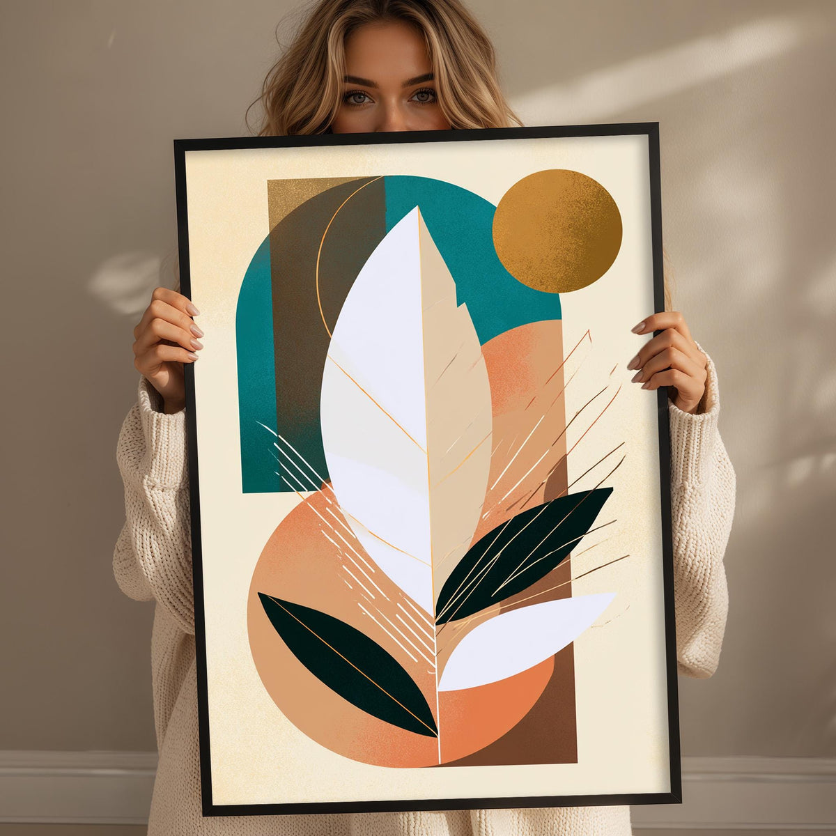 A woman is holding up a framed abstract art piece featuring a stylized leaf design with geometric shapes and a sun-like element.
