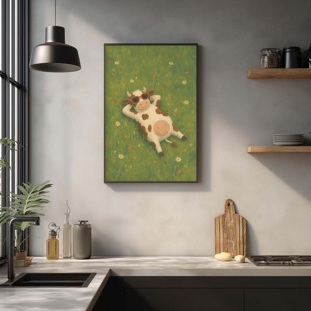 a cow wearing sunglasses and laying in a grassy field, with a kitchen counter and various kitchen items in the foreground.