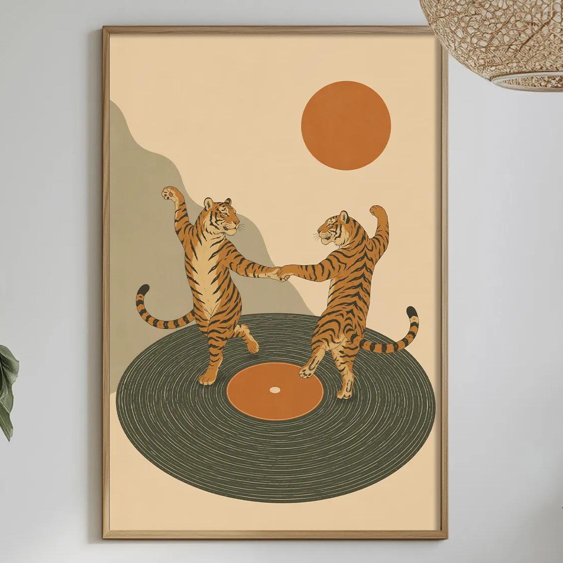 a framed illustration of two tigers dancing on a record player, surrounded by various decorative elements such as plants, a bowl, and a bottle.