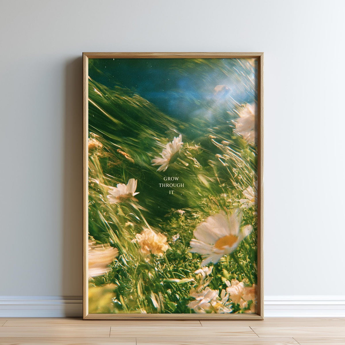 The image is a framed photograph of a field of flowers, with the text "GROW THROUGH" visible in the center.