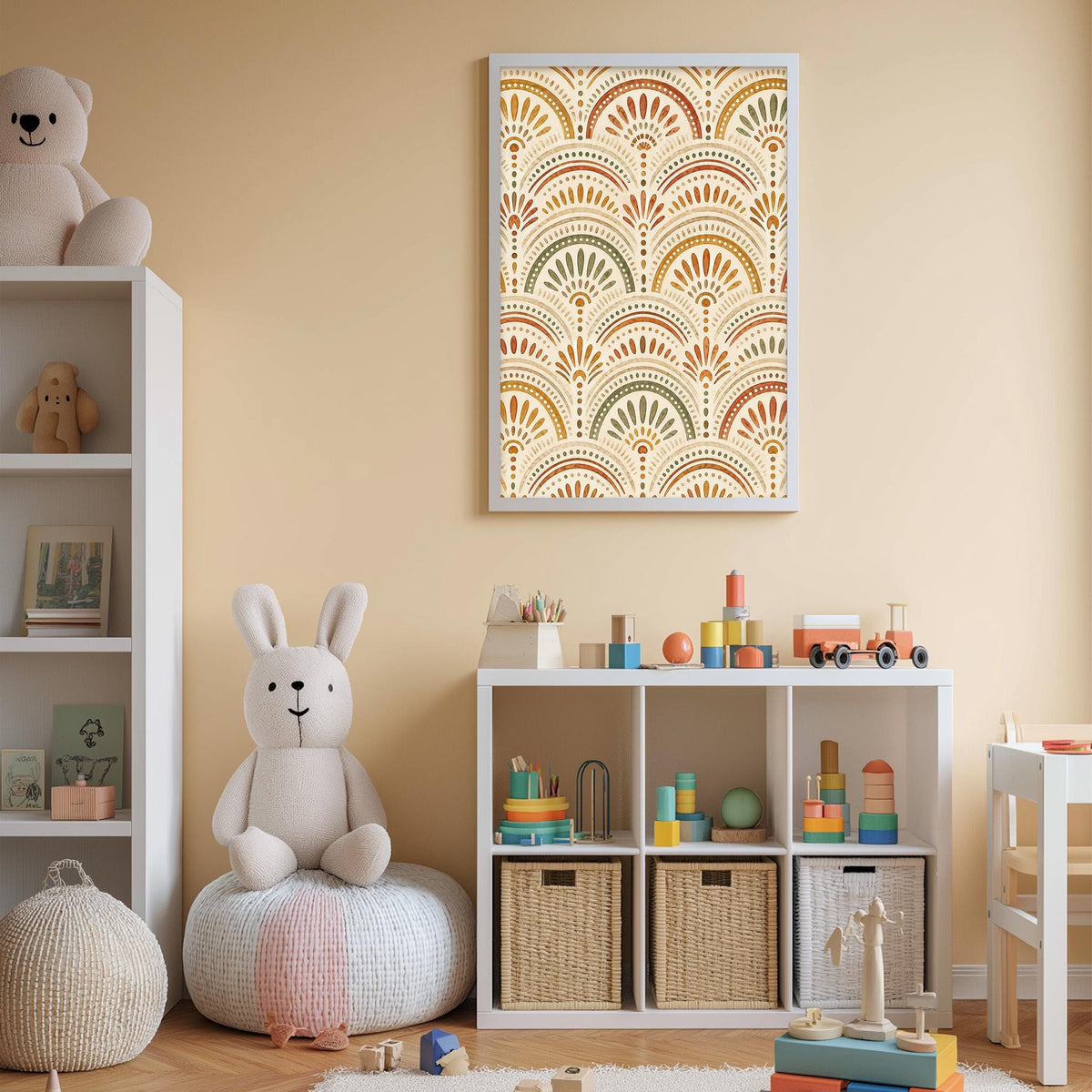 A cozy and colorful children's bedroom with a large stuffed rabbit, a bookshelf, and a toy chest filled with toys. The walls are painted a light peach color, and there is a patterned wall hanging above the bookshelf.