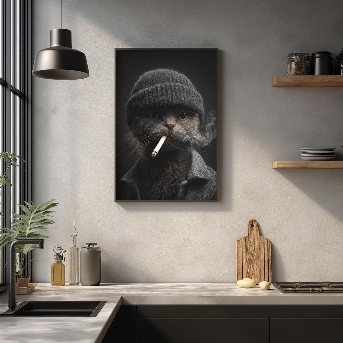 a kitchen counter with various items, including a framed picture of a cat wearing a knit hat and smoking a cigarette, a wooden cutting board, and a potted plant.