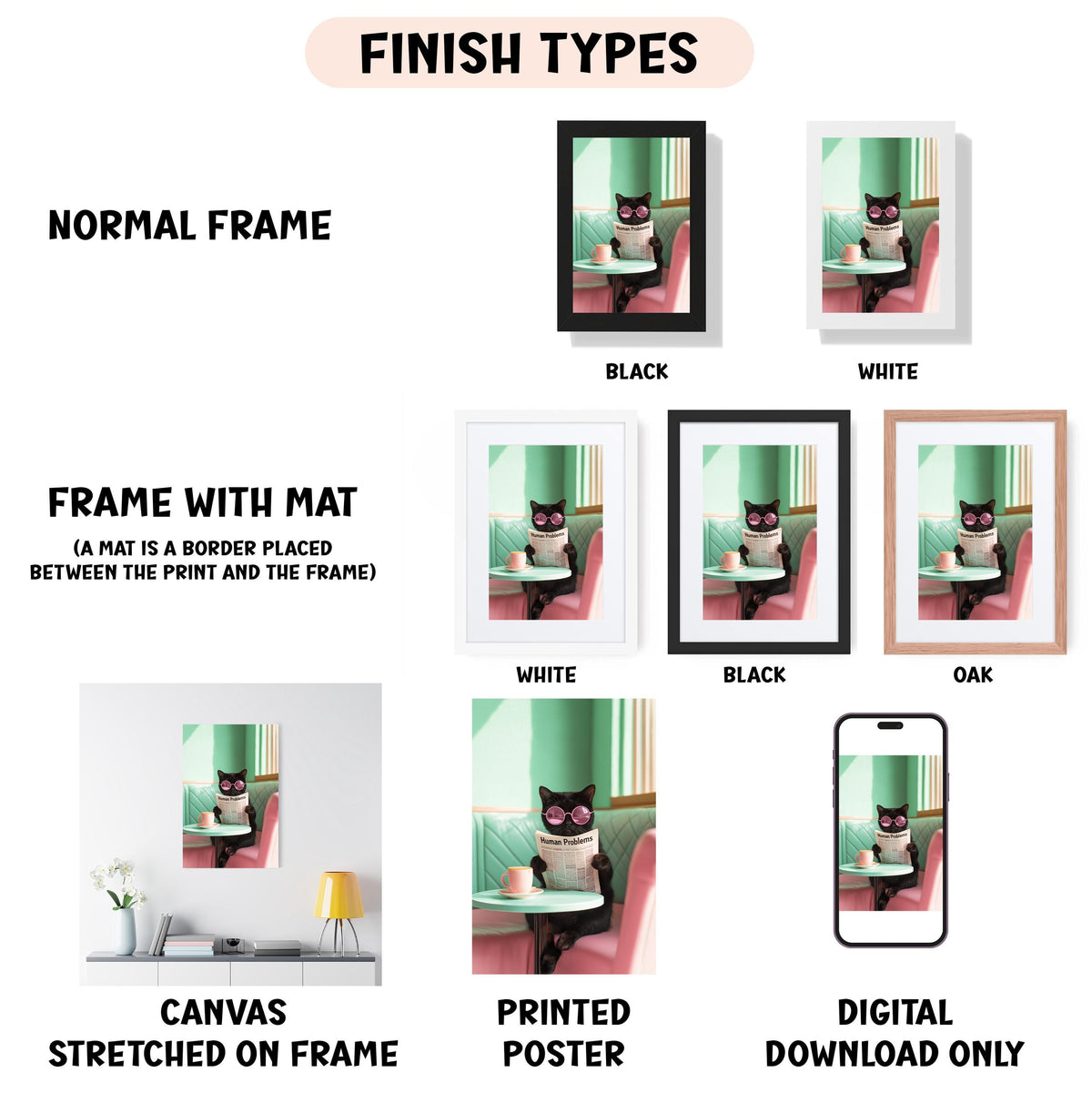various types of artwork, including a framed print of a cat, a canvas stretched on a frame, a framed poster, and a digital poster. The artwork is presented in different frame colors and styles, such as normal frame, black, white, and black. The image also includes a description of the artwork, including the frame color and the artwork's content.