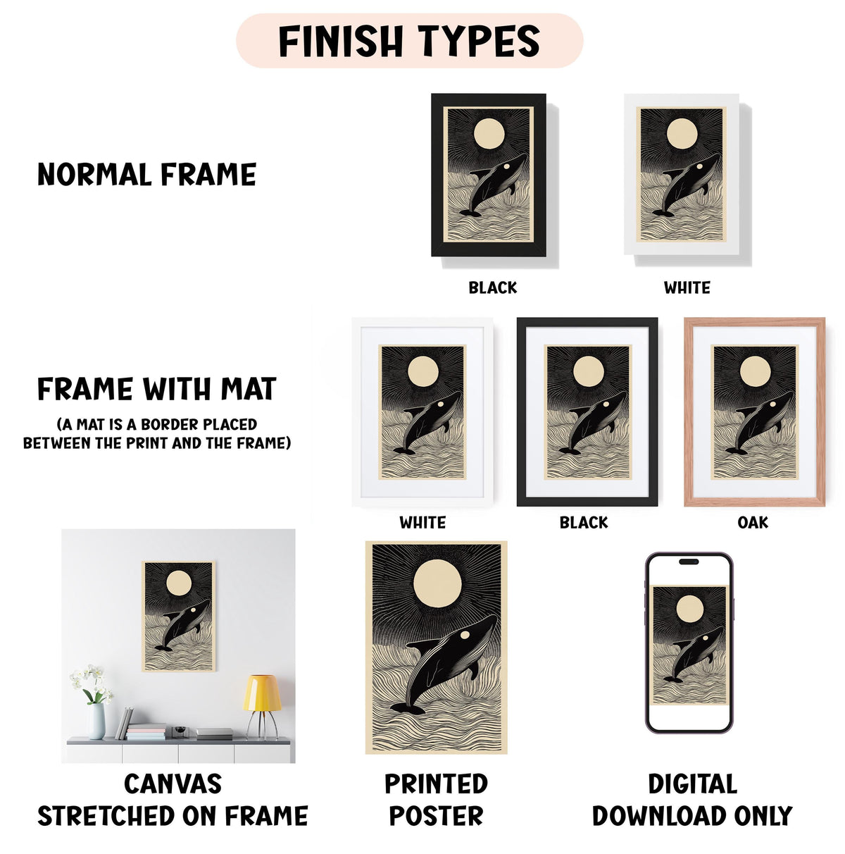 various framed artworks, including a whale illustration, a black and white print, and a digital poster. The artworks are presented in different frame styles, such as a normal frame, a frame with a mat, and a white frame. The artworks are labeled with their respective finish types, including canvas stretched on frame, printed poster, and digital download only.