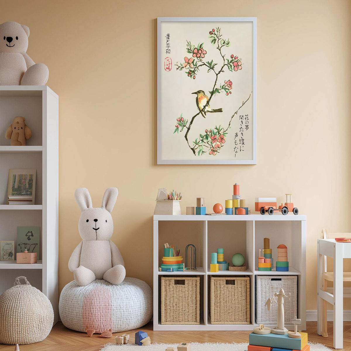 A cozy and colorful children's bedroom with a large stuffed rabbit, a bookshelf, and a toy chest filled with toys. A framed artwork of a bird on a branch with flowers hangs on the wall, and there are several toys scattered around the room.