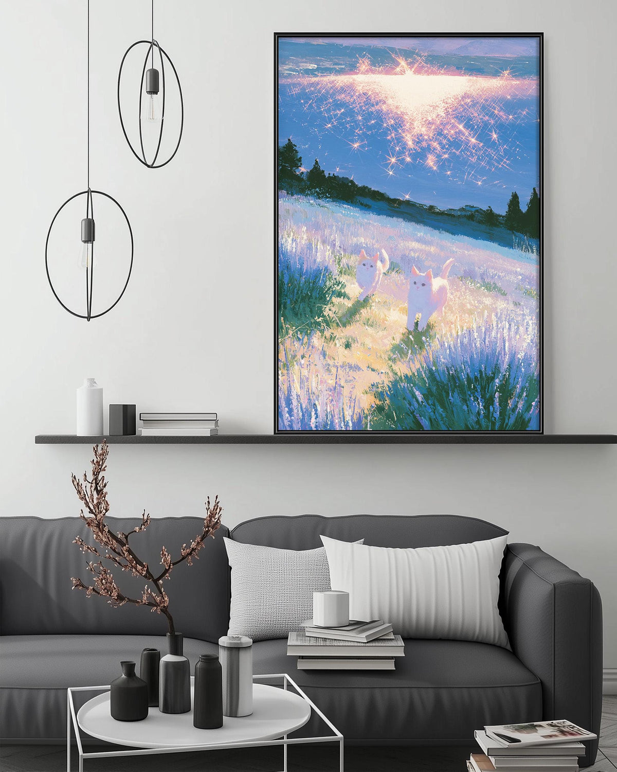 a large, colorful painting of a field with flowers and a sunset, hanging on a wall above a gray couch with a coffee table in front of it.