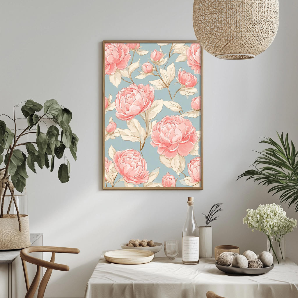 a dining table with a white tablecloth, a bowl of fruit, a bottle, and a vase with flowers. Above the table, there is a framed picture of pink flowers on a blue background.