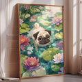 A framed illustration of a pug dog swimming in a pond filled with colorful lily pads and water lilies.