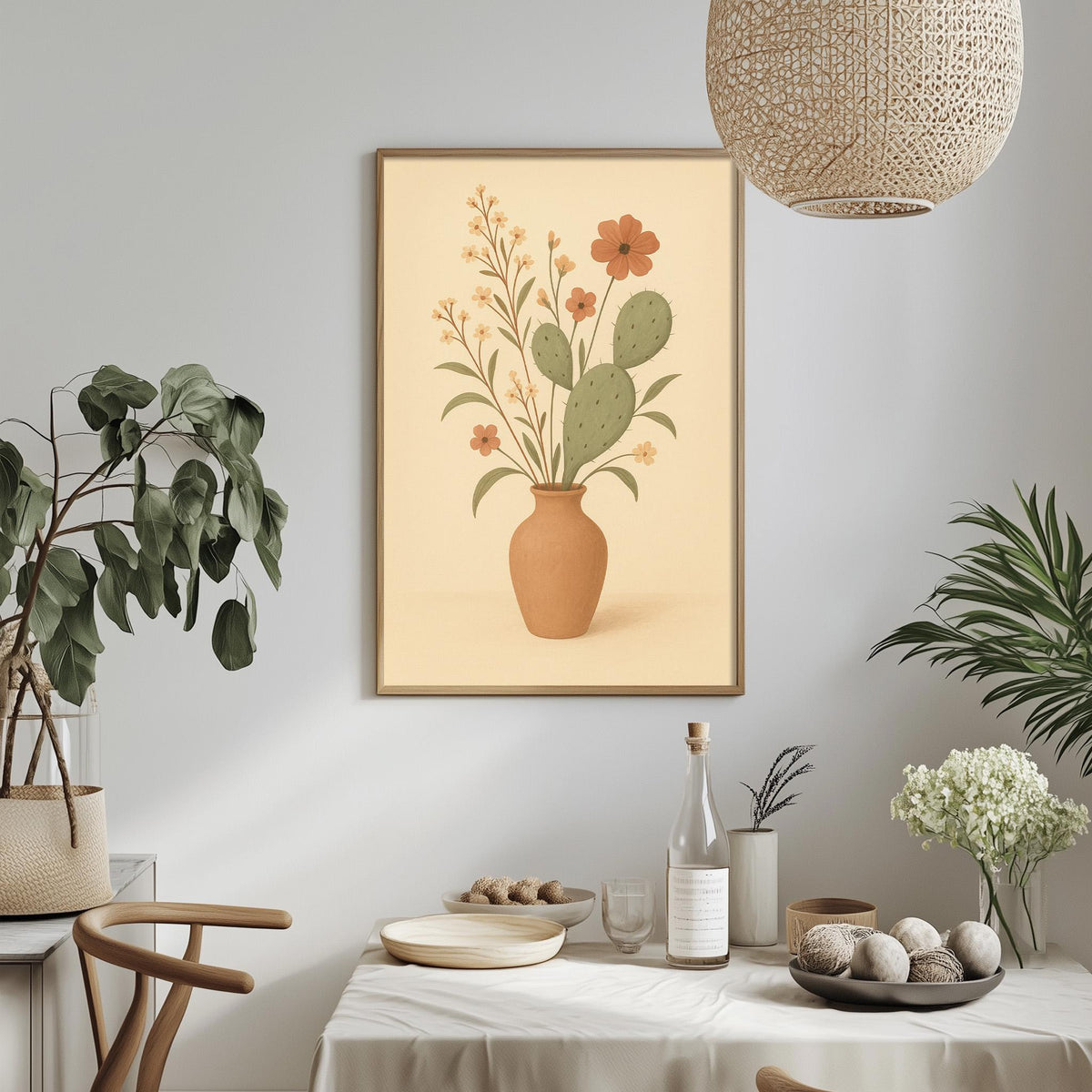 a dining table with a vase of flowers, a bottle, and a bowl of fruit, along with a potted plant and a hanging light fixture.