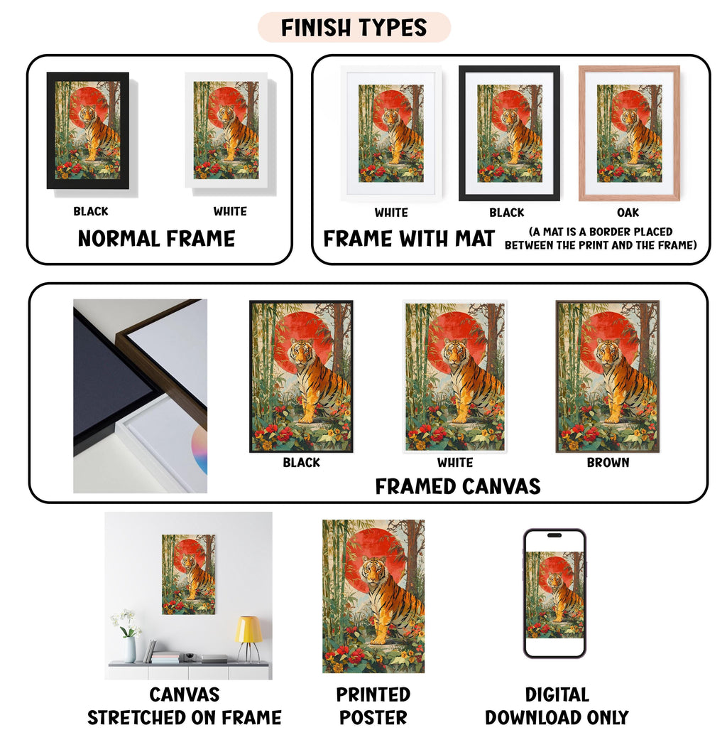 various types of framed artwork, including a framed canvas, a stretched canvas, a printed poster, and a digital download. The artwork features a tiger in different color schemes and frame styles, such as black, white, and oak. The image also includes a collage of multiple images of the same tiger, showcasing different color palettes and frame designs.