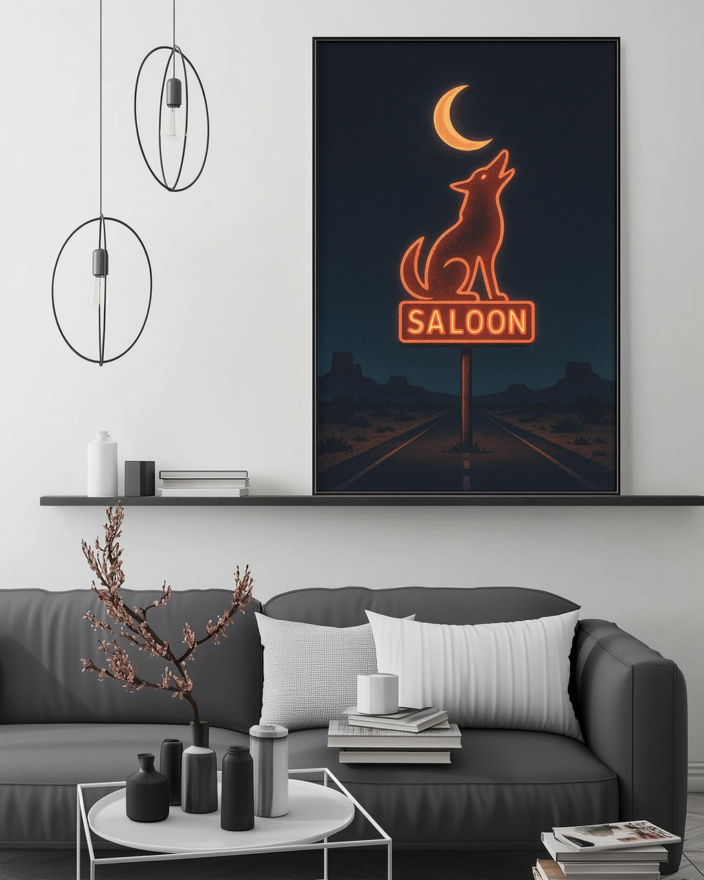 a living room with a gray sofa, a coffee table, and a framed neon sign of a wolf howling at the moon.