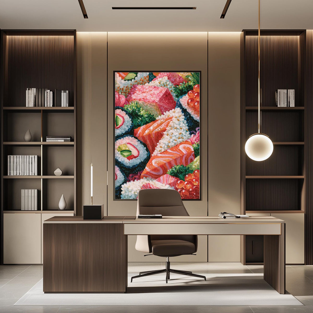 a modern office space with a large, colorful painting of sushi on the wall. The office features a wooden desk, a comfortable chair, and a bookshelf filled with books. The overall design and decor create a professional and stylish atmosphere.