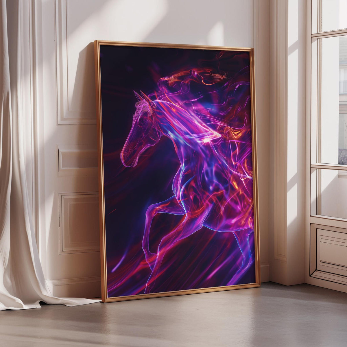 a large, vibrant, and abstract painting of a horse, with a mix of purple, pink, and blue colors and dynamic brushstrokes that create a sense of movement and energy.