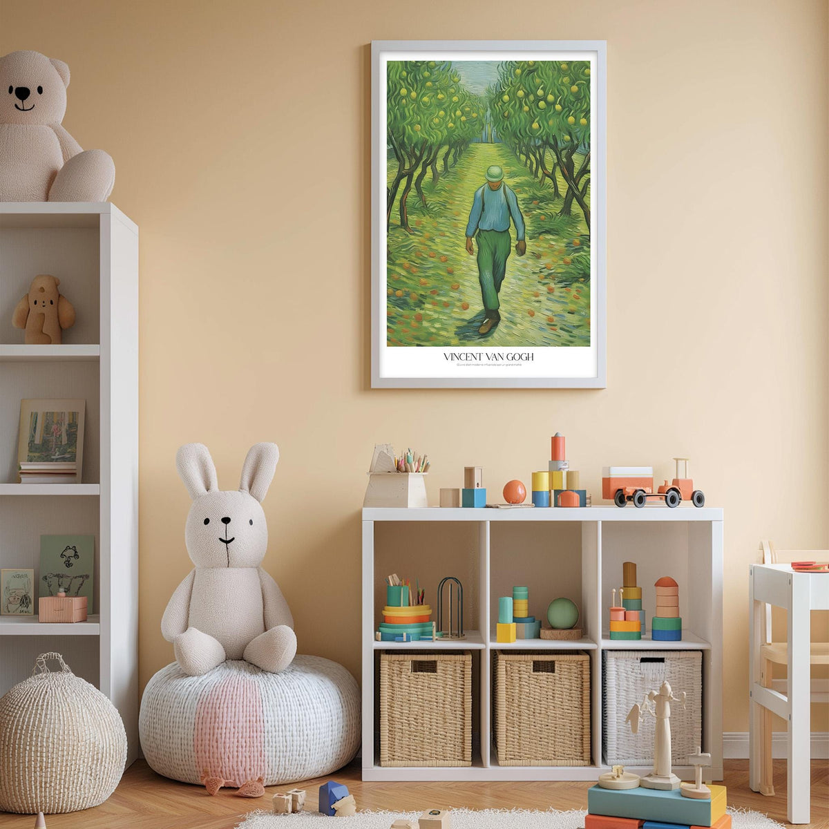 a child's bedroom with a large painting of a man walking through an orange grove hanging on the wall. The room is filled with various toys, including a teddy bear, a rabbit, and a toy train. The overall color scheme of the room is predominantly white, with a beige rug on the floor.