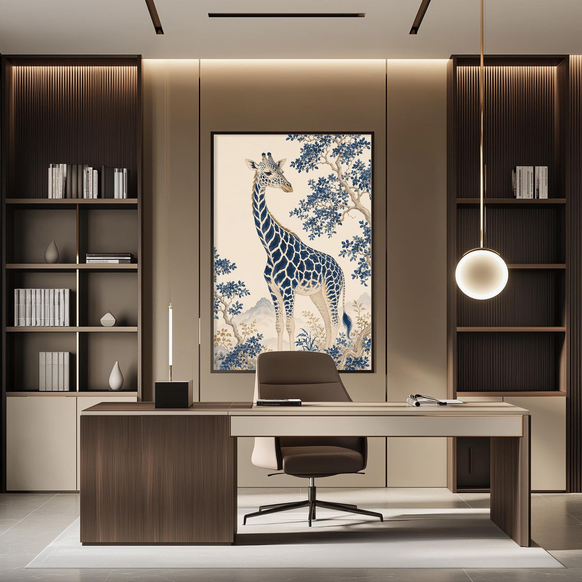 a modern and stylish office space with a large framed artwork of a giraffe on the wall. The office features a wooden desk, a comfortable chair, and a bookshelf filled with books. The overall design and decor create a professional and sophisticated atmosphere.